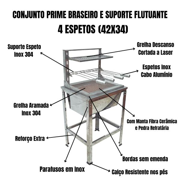 KIT BRASEIRO SUPORTE PRIME 630 INOX 4 ESPETOS