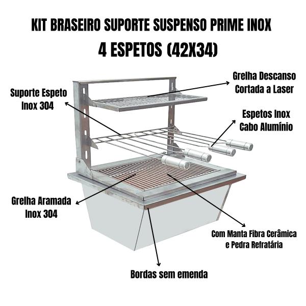 KIT BRASEIRO COM SUPORTE SUSPENSO PRIME INOX 42x34