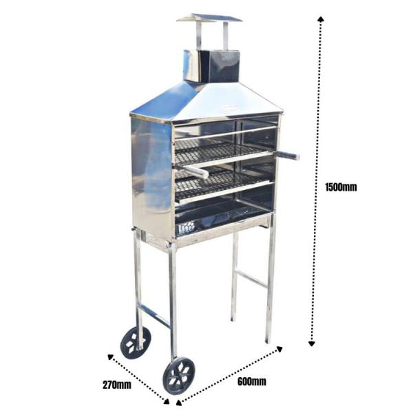 CHURRASQUEIRA INOX ESPETINHO COM COIFA E RODINHA 60 CM