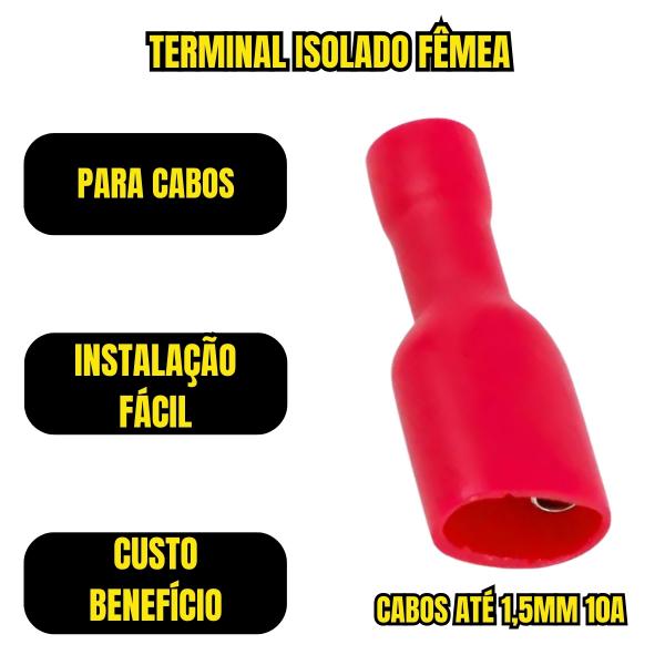 TERMINAL ISOLADO TIPO LUVA FEMEA CABO 1,5MM 10A VERMELHO 100 UNIDADES