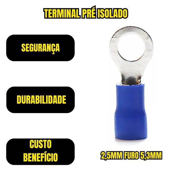 TERMINAL ANEL COM FURO 5,3MM PARA CABO ATE 2,5MM 21A PACOTE 100 UNIDADES AZUL