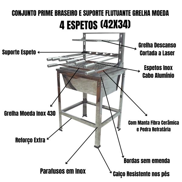 KIT BRASEIRO SUPORTE FLUTUANTE GRELHA MOEDA 630 INOX 42x34