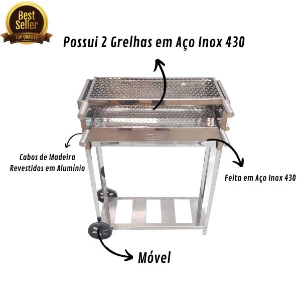 KIT CHURRASQUEIRA ESPETINHO MOVEL CSC02 COM 2 GRELHA AÇO INOX 0